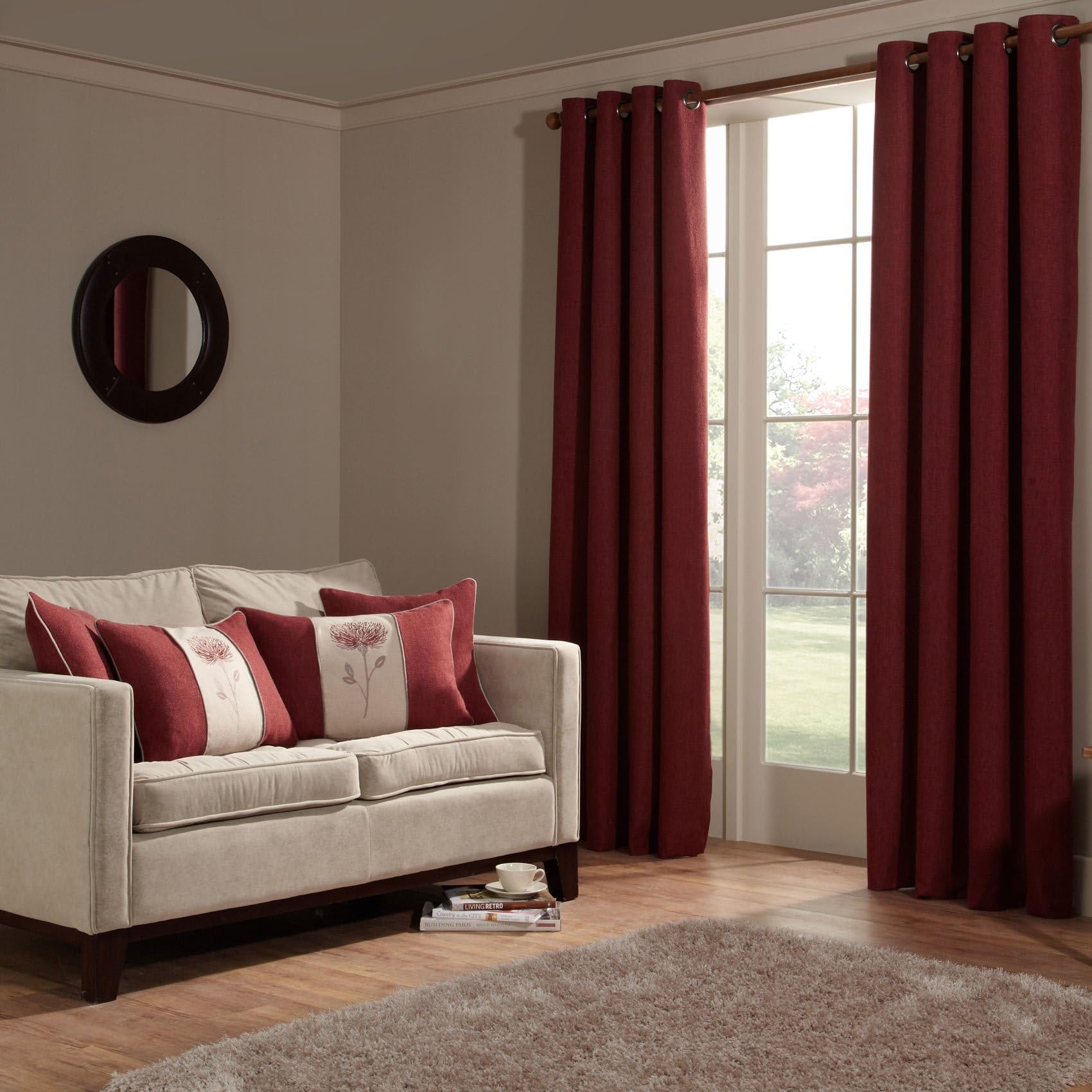 iLiv Anderson Woven Readymade Lined Eyelet Curtains, Red - 66" x 54"