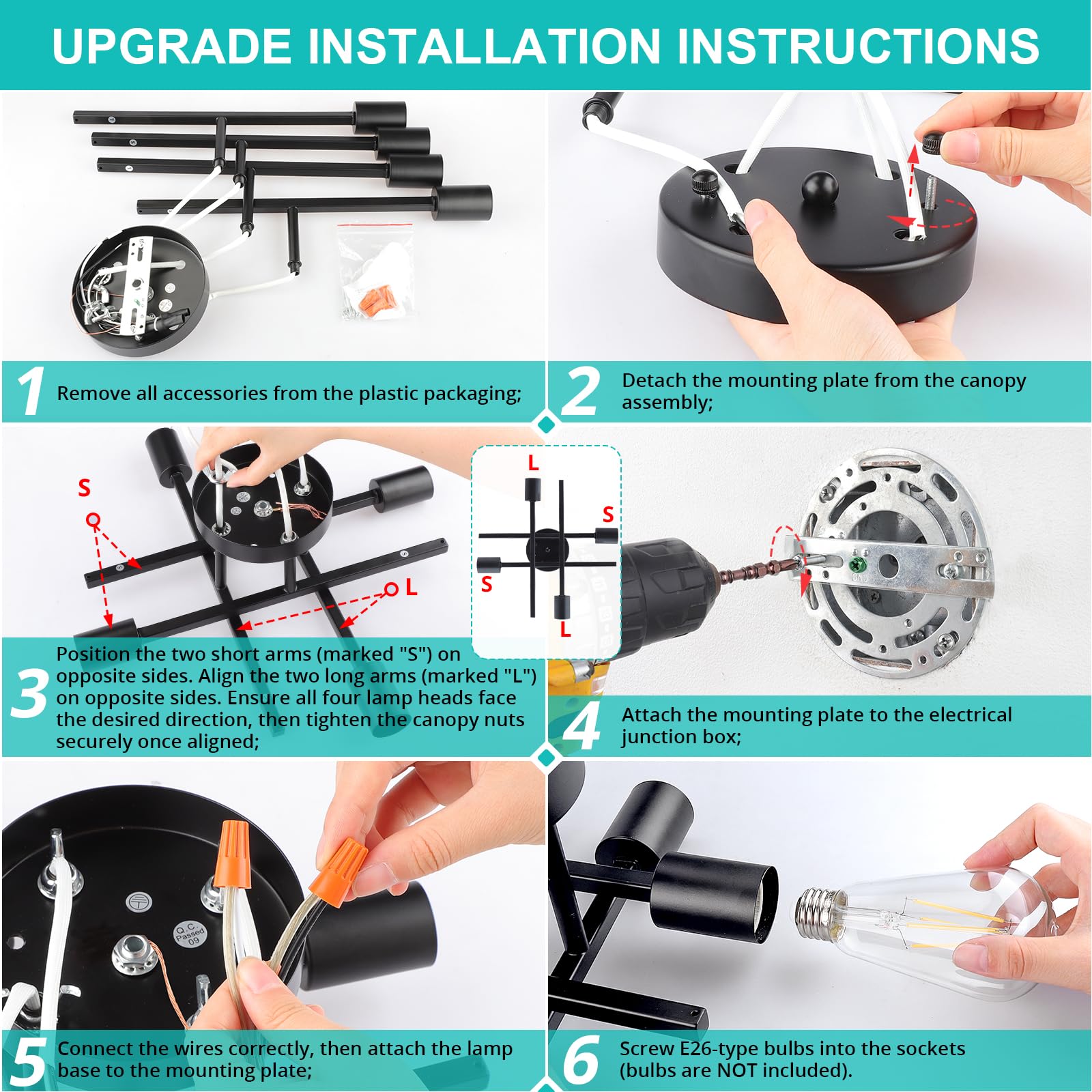 SunRider Industrial 4-Light Semi Flush Mount Ceiling Light Fixture, Modern Farmhouse Lights Matte Black, Rustic Sputnik Chandelier for Bedroom Foyer