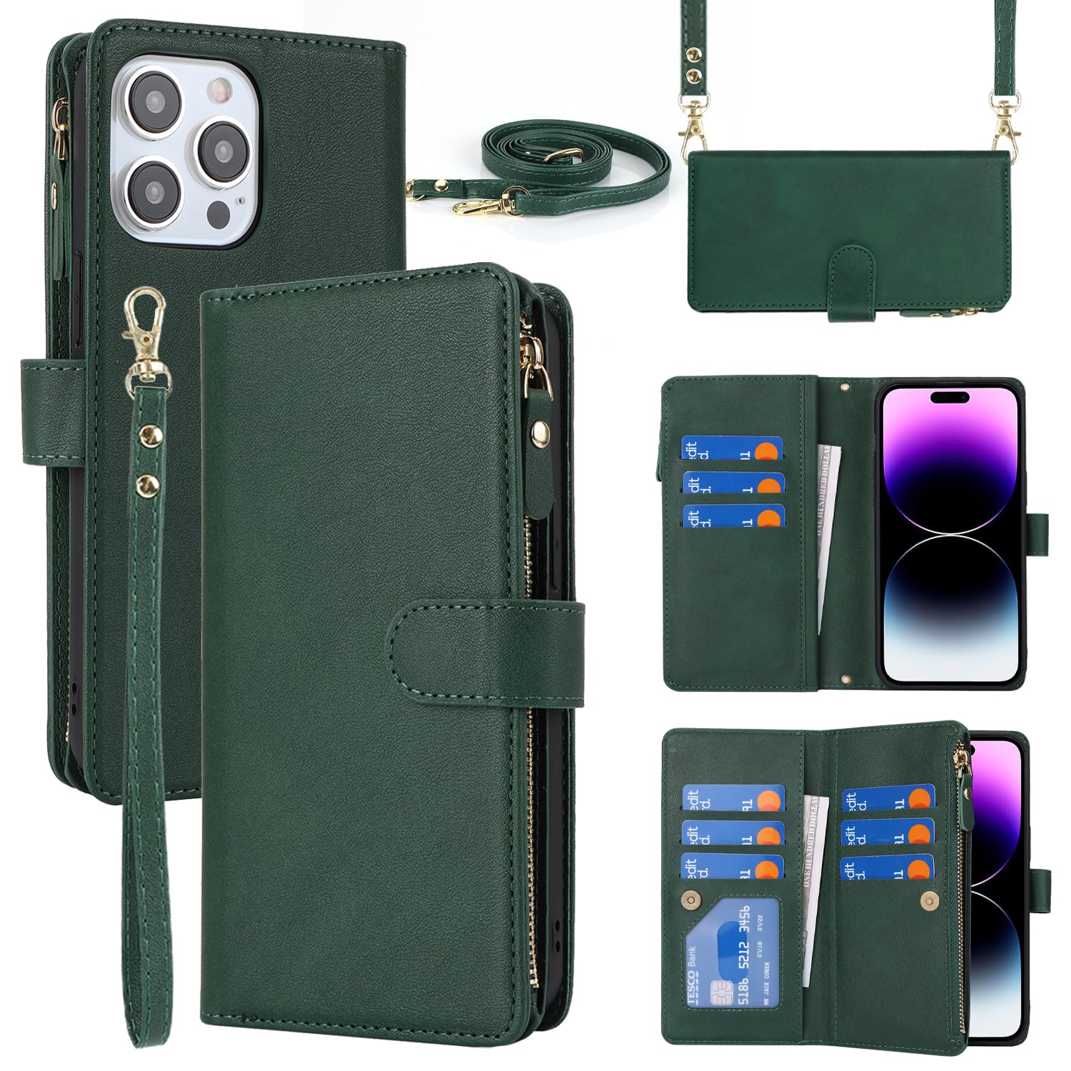 Photo 1 of SailorTech for iPhone 15 Pro Max with Wallet Phone Case, Design for iPhone 15 Pro Max Card Holder Zipper Cash Slot Lanyard Flip Leather Cover-Green
