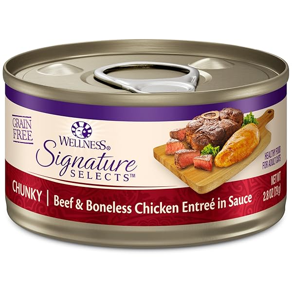 WELLNESS CORE SIGNATURE SELECTS CHUNKY ADULT WET CAT FOOD, NATURAL, PROTEIN-RICH, GRAIN FREE, 2.8 OUNCE, 12 PACK (BEEF & CHICKEN)