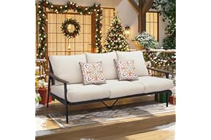 NATURAL EXPRESSIONS Patio Sofa Outdoor Furniture Metal Chair with Wicker Backrest & 6 Inches Cushion for Indoor, Front Porch, Deck, Balcony, Backyard, Sunroom, 73.35"(L) x 29.75"(W) x 33.86"(H).