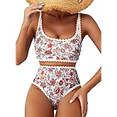 Herseas Women's Bikini Sets Floral Print Whip Stitch 2 Piece Swimsuits High Waisted Scoop Bathing Suits