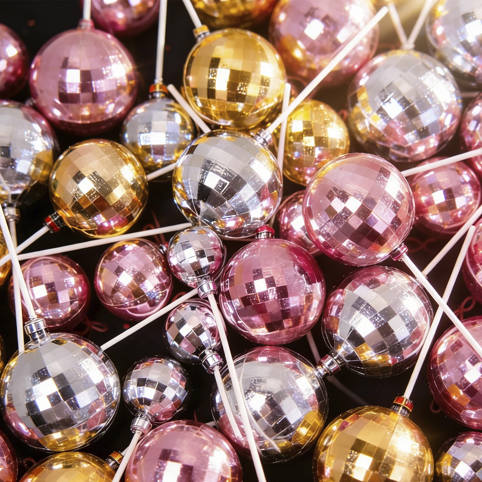 36Pcs Disco Ball Cake Toppers, Glitter Mirror Ball Cake Decorations Sticks for Birthday, Party, Wedding, Anniversary, Personalised Decoration for Disco Theme 70s Party Supplies(Gold Silver Pink)