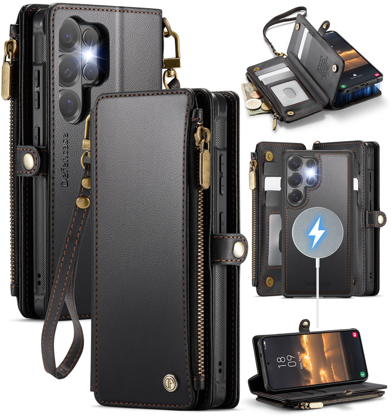 Defencase for Samsung Galaxy S26 Ultra Magnetic Wallet Case Compatible with Magsafe with RFID Blocking Zipper & Card Holder Women, PU Leather Detachable Phone Case for Galaxy S26 Ultra 6.9", Black