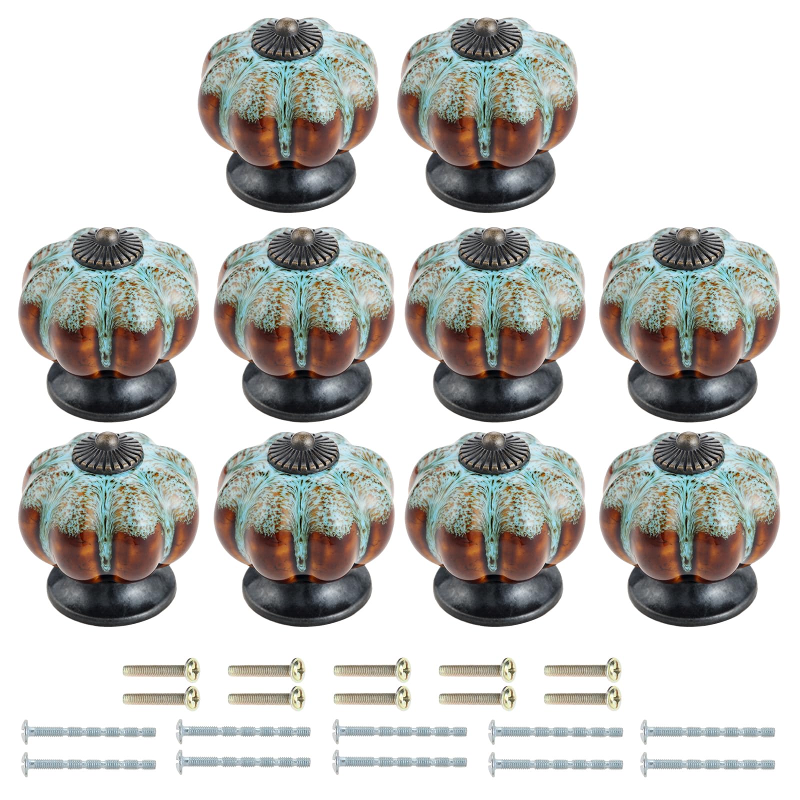 Mgoodoo Ceramic Door Knob Antique Pumpkin for Cabinets Cupboard Dresser Drawers Kitchen Furniture Handles Pulls (10 Pcs, Blue)