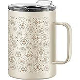 Oggi ThermoMug Stainless Steel Insulated Mug- Double Wall Vacuum Insulated w/Handle & Lid, Coffee Cup, Camping Mug, Travel Thermos, 14oz(420ml), Daisy
