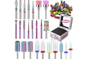 DEPVKO 25Pcs Nail Drill Bits Set: 3/32 Tungsten Carbide Ceramic Diamond Cuticle Safety Professional Drill Bits Nail Tech with Pink Holder Case & 50Pcs Sanding Bands for acrylic gel Remover Manicure Pedicure