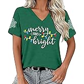 Qskall Merry and Bright V-Neck Shirt for Women Merry Christmas Shirts Xmas Holiday Tee Tops