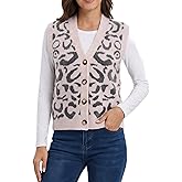 Winnim Women's V Neck Pink Leopard Knit Sweater Vest Sleeveless Soft Casual Cheetah Print Button Cardigan Trendy Tank Tops