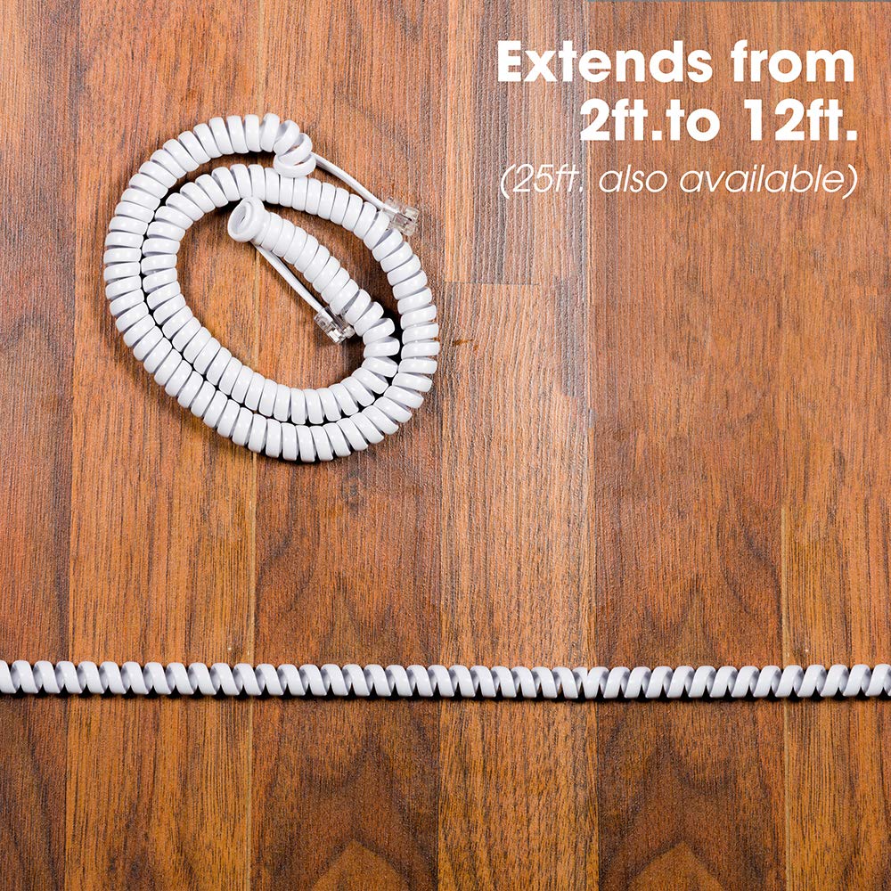 Power Gear Coiled Telephone Cord, 2 Pack, 2 Feet Coiled, 12 Feet Uncoiled, Phone Cord works with All Corded Landline Phones, For Use in Home or Office, White, 46080