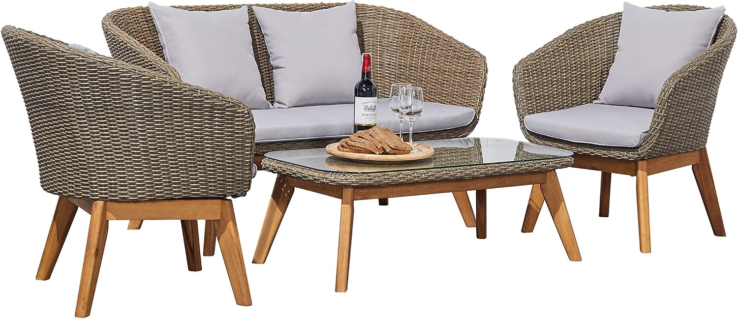Amazon Com Vifah Grayton 4 Piece Rustic Wood And Wicker Patio Conversation Set Light Gray Garden Outdoor