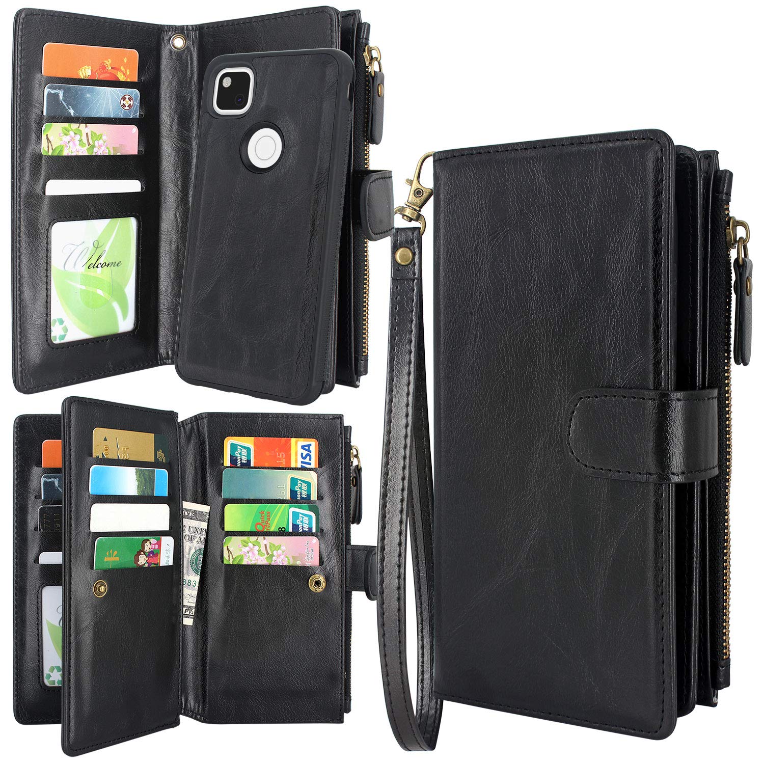 Pixel 4A Case, Harryshell Detachable Magnetic Zipper Wallet Leather Case Cash Pocket with 12 Card Slots Holder Wrist Strap for Google Pixel 4A (5.81 inch) (Black)