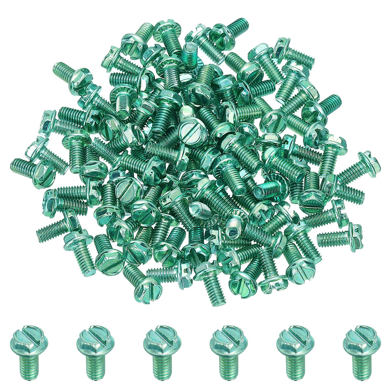PATIKIL M4 x 8mm Thread Ground Screws, 100 Pack Green Electrical Grounding Screw Slotted Hex Head Flanged for Home Electrical Lamp