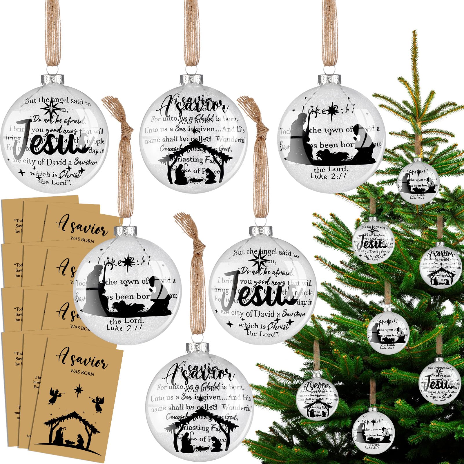 Photo 1 of Poen 12 Sets Christmas Jesus Ornament Nativity Scene Silhouette Glass Ornament Christian Bible Verse Ornament with Religious Card Holy Family Hanging Ornament for Christmas Tree Church Gift Decoration