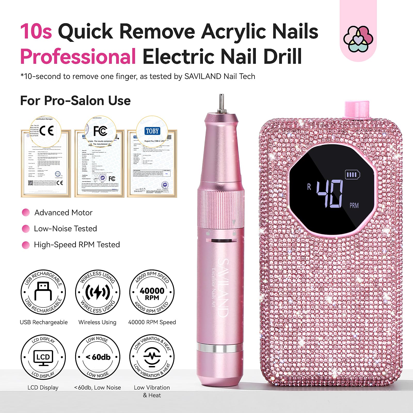SAVILAND Professional Nail Drill 40000 RPM: Portable Diamond Nail Drill Kit Rechargeable 4000 mAh Electric Nail File for Thick Acrylic Nails with Ceramic Nail D rill Bits Sanding Bands Nail Tech Salon - Image 2