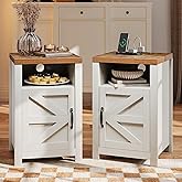 oneinmil End Table with Charging Station, Farmhouse Nightstand with Barn Door, Sofa Side Table with Storage Space 2-Piece Set