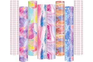 TIFEE Permanent Adhesive Vinyl Sheets 6 Colors-12" x 10" Vinyl Sheets +2 Transfer Tape Sheets Pattern Vinyl for Stickers Decals Cups Water Bottles