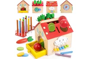 Kizfarm Wooden Montessori Activity House, 7-in-1 Multifunctional Wooden House for 12M+ Toddlers, Boys & Girls One Year Old First Birthday Gift, Baby Toy Set Including Object Permanent Play House