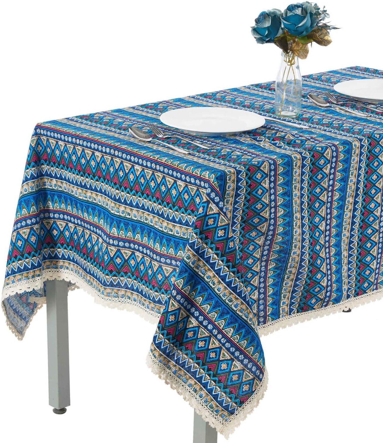 Unimall Vintage Bohemian Style Table Cloths Rectangular Washable Cotton Linen Lace Geometric Design Blue Tablecloth Decorative for Dinner Picnic Party,55 x 87 inch