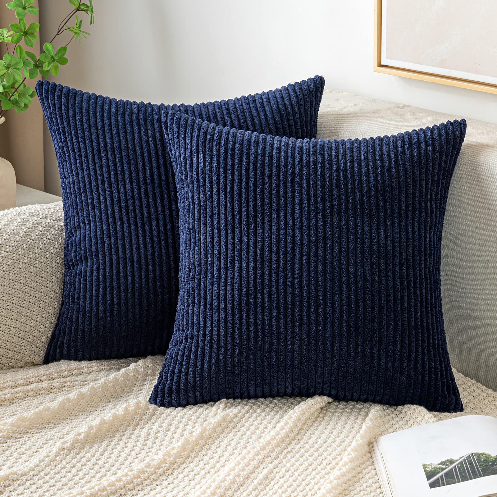 EMEMA Cushion Covers Corduroy Square Throw Pillow Covers Striped Soft Sham Home for Sofa Couch Bedroom Decorative Pillowcases 16x16 Inch 40x40cm Set of 2 Navy-blue