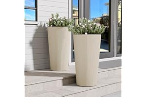 FONTOI 23.6" Tall Planter for Outdoor Plants Set of 2 Large Outdoor Plastic Striped Flower Pots, Front Porch Furniture, Garden Pots, Decorative Planters for Indoor/Outdoor, Patio, Balcony, Beige
