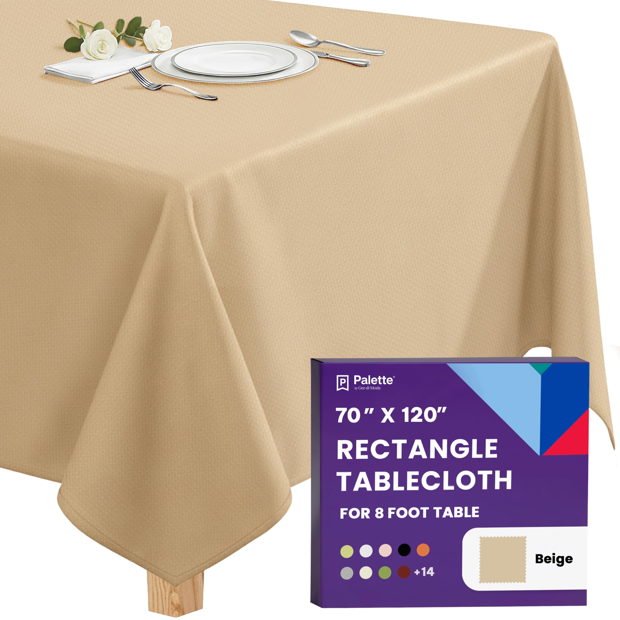 Gee Di Moda Rectangle Tablecloth - 70 x 120 Inch Beige Table Cloth for 6 or 8 Foot Rectangular Table - Heavy Duty Washable Fabric - for Buffet, Holiday, Dinner, Wedding & Baby Showers — image 1