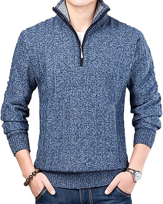 Amazon ニット セーター メンズ 冬ゴルフウェア メンズ 冬服 ハイネック 裏起毛 あったか ハーフジップ 無地 おしゃれ カジュアル スボーツウェア ブルー冬 L シャツ 通販