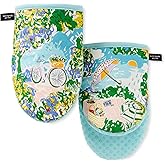 Kate Spade New York Spring Garden Mini Oven Mitt 2-Pack Set, Heat Resistant, 100% Cotton with Printed Non-Slip Silicone Grip, Blue/Green/Beige, 5.5"X8"