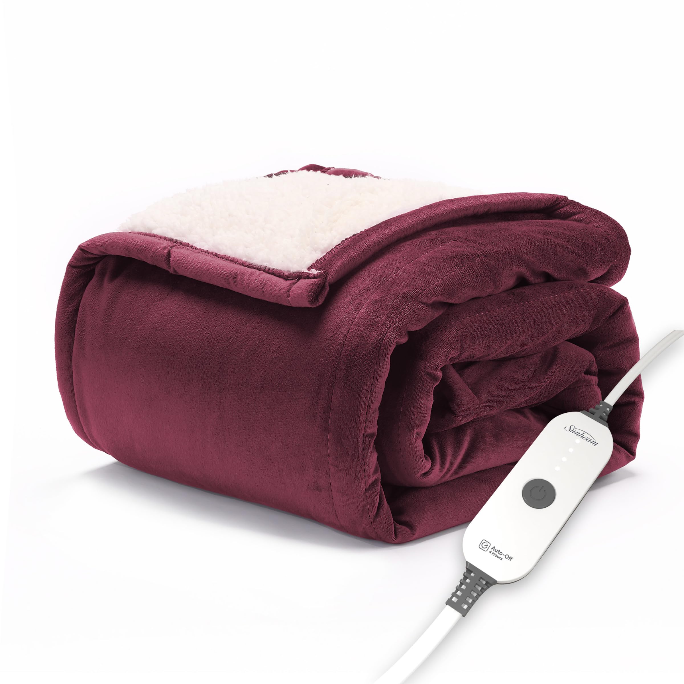 Photo 1 of Sunbeam Electric Throw Royal Mink Sherpa Heated Blanket, 4 Heat Settings, 4-Hour Auto Shut-Off, Fast Heating, Luxurious and Ultra Comfy, Cabernet Color, 50" x 60"