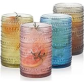 POLIDREAM Vintage Glassware Set - 4pcs Multicolor 15.2oz Hobnail Drinking Glasses for Beer, Cocktail, Soda & Juice - Embossed Old Fashioned Glassware with Four Unique Colors