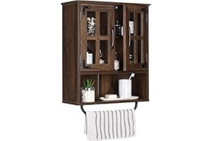 RUSTOWN Wood Wall Storage Cabinet with Cross Glass Doors, Farmhouse Wall Mounted 3 Tier Rustic Cabinet with Adjustable Shelves and Towel Bar for Bathroom, Living Room, Dark Walnut