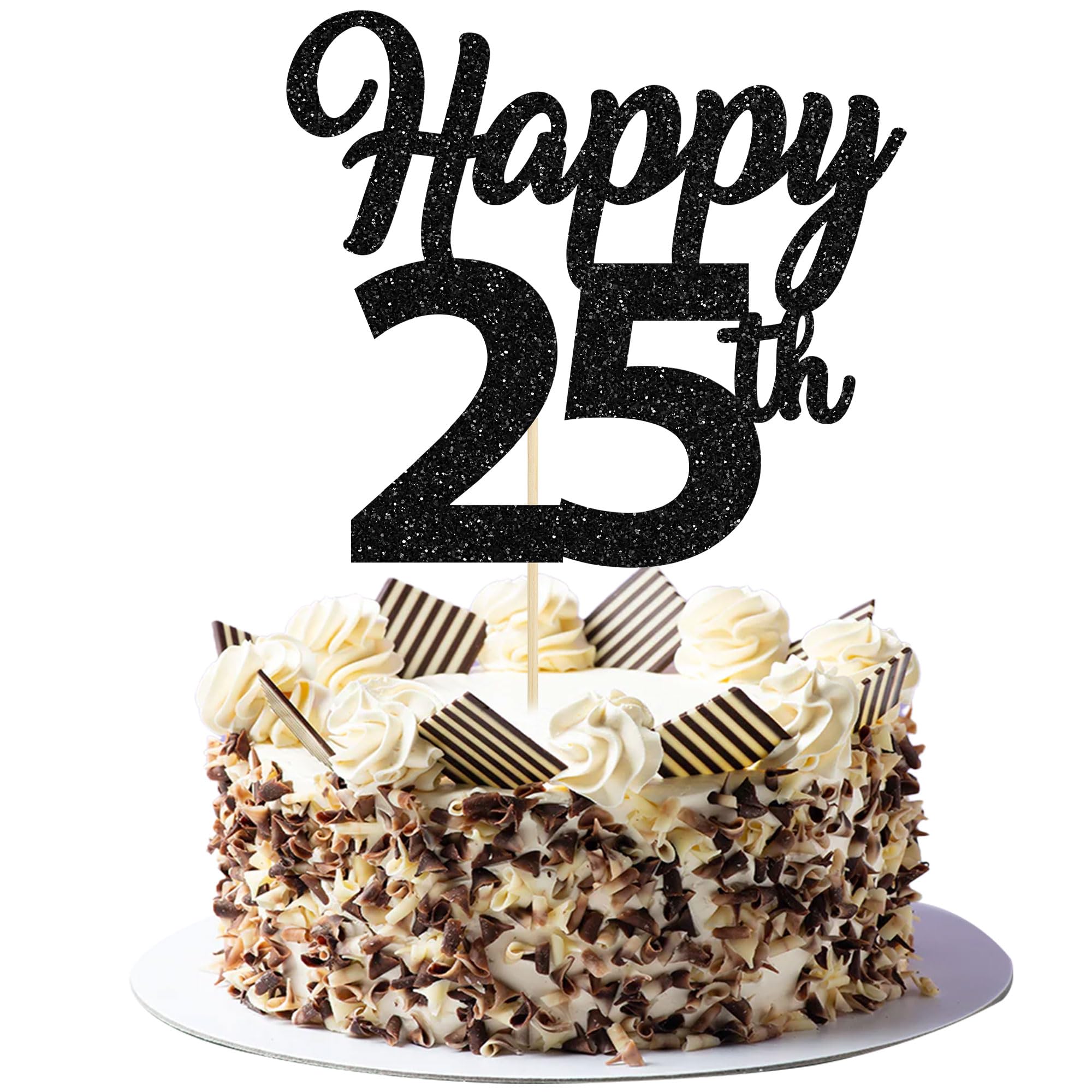 3Pcs Happy 25th Birthday Cake Toppers Black Glitter Number 25 Cake Decorations 25th Birthday Cake Picks for Cheers to 25th Birthday 25 Years Old Birthday Party Gift Decorations