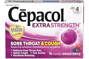 Cepacol Extra Strength Sore Throat Relief Lozenges, Mixed Berry Cough Drops, Maximum Numbing- Fast Acting Sore Throat & Canker Sore Relief with Dextromethorphan & Benzocaine, 16 Count