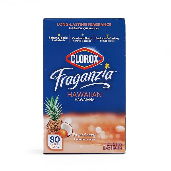 CLOROX FRAGANZIA DRYER SHEETS IN HAWAIIAN ESCAPE SCENT, 80 COUNT WRINKLEREDUCING FABRIC SOFTENER SHEETS BEST LAUNDRY DRYER SHEETS WITH LONGLASTING TROPICAL SCENT (PACK OF 1, 80 COUNT TOTAL)