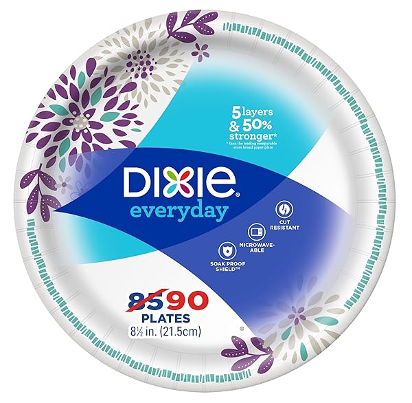 DIXIE MEDIUM PAPER PLATES, 8.5 INCH, 90 COUNT, 2X STRONGER*, MICROWAVE-SAFE, SOAK-PROOF, CUT RESISTANT, DISPOSABLE PLATES FOR EVERYDAY BREAKFAST, LUNCH, & DINNER MEALS