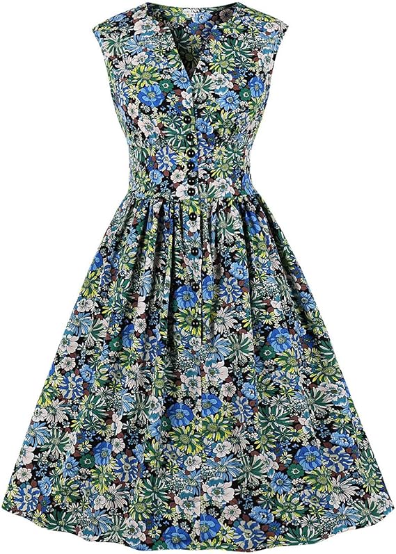 Amazon Co Jp レディース ワンピース Tengatel レトロ ドレス 前開き ボタン ｖネック ノースリーブ ファッション きれいめ 花柄ドレス 水玉 タイト Aライン ヘプバーン風 洋服 可愛い おしゃれ 人気 リゾートワンピ 春夏 通学 デート ファッション