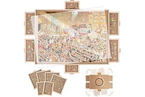 BuilderButler 1000 Pieces Rotating Puzzle Board with 6 Drawers,30.9"x23.2" Portable Wooden Jigsaw Puzzle Table with Lazy Susan Spinning Cover