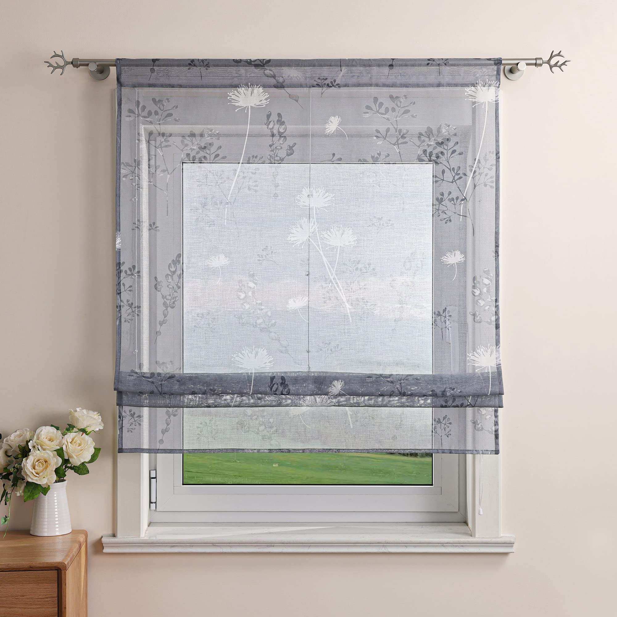 Delien Roman Blind Linen Look Transparent Roller Blinds Country House Kitchen Curtain Modern Roman Curtain with Floral Print "Dandelion" Ribbon Blind for Small Windows with Drawstring W x H 80 x 140