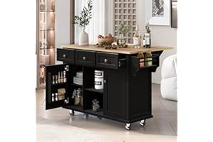 Siemd Kitchen Island with Rubber Wood Drop-Leaf Countertop and Adjustable Shelves, Rolling Kitchen Cart on 5 Wheels with 3 Dr