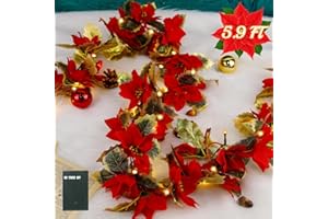 Glintoper Christmas Poinsettia Garland, 5.9 FT Lighted Artificial Garlands with 36 Red Flowers, Battery Operated with Timer Poinsettia String Lights, Light up for Xmas New Year Home Decor