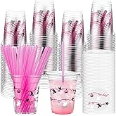 LemonRoad 50 Pcs 12oz Halloween Plastic Cups with Straws and Lids, Disposable Clear Party Cups Pumpkin Ghost Witch Drinking Set for Halloween Birthday Party Favors Supplies (Pink,Novel Style)
