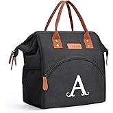 Personalized Lunch Box for Women, Initial Reusable Insulated Lunch Bag, Wide-Open Adult Lunchbox Cooler Lunchbag, Leakproof Lunch Tote for Picnic Work Outdoors, Christmas Gift for Women, Black - A
