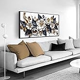 White Flower Wall Decor for Living Room - Modern Blue White and Gold Wall Art Bedroom - Black Framed Wall Art Size 24" x 48"