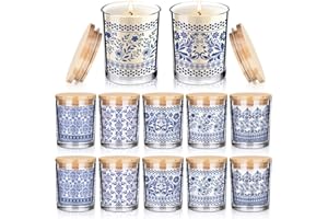 Ziliny 10 Pcs Christmas Blue and White Porcelain Glass Candle Jars Empty Containers Bulk 7 oz Ceramics Glass Jars with Cork Lids Tins for Candle Making Storing Biscuits Tea Party Favors