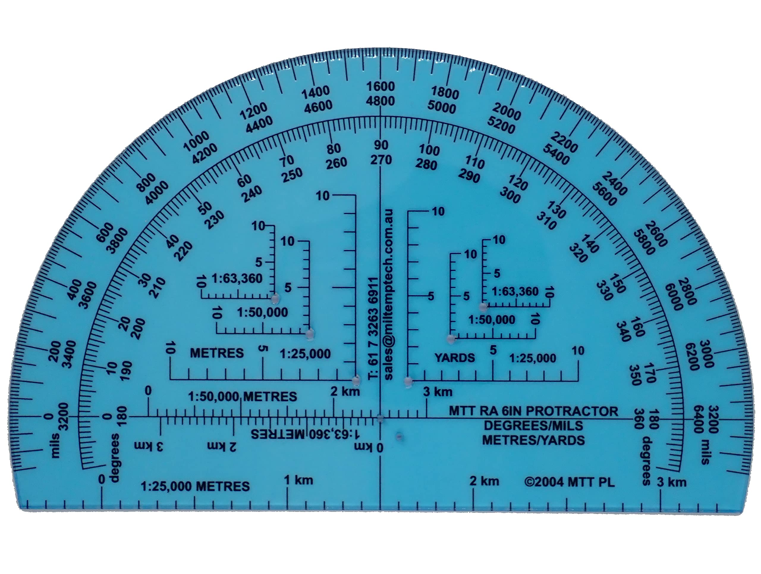 RA 6IN Protractor with degrees and mils, graduated in meters and yards for angle measurements and map plotting for outdoor navigation with map and compass, hiking, orienteering and survival.