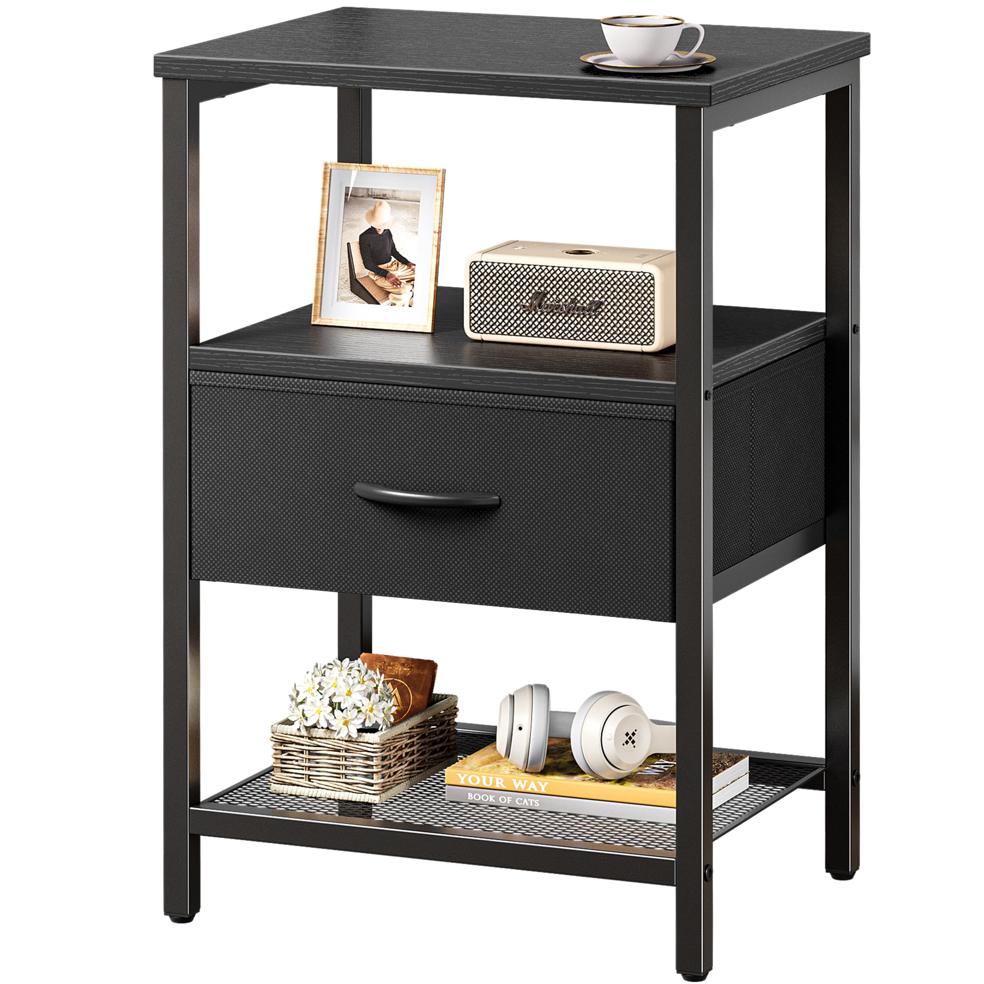 Photo 1 of Huuger Night Stand with Fabric Drawer, Side Table with Mesh Shelf, Bedroom Nightstand, Fabric Drawer Dresser, Open Shelf, Metal Frame, Couch Side, Black