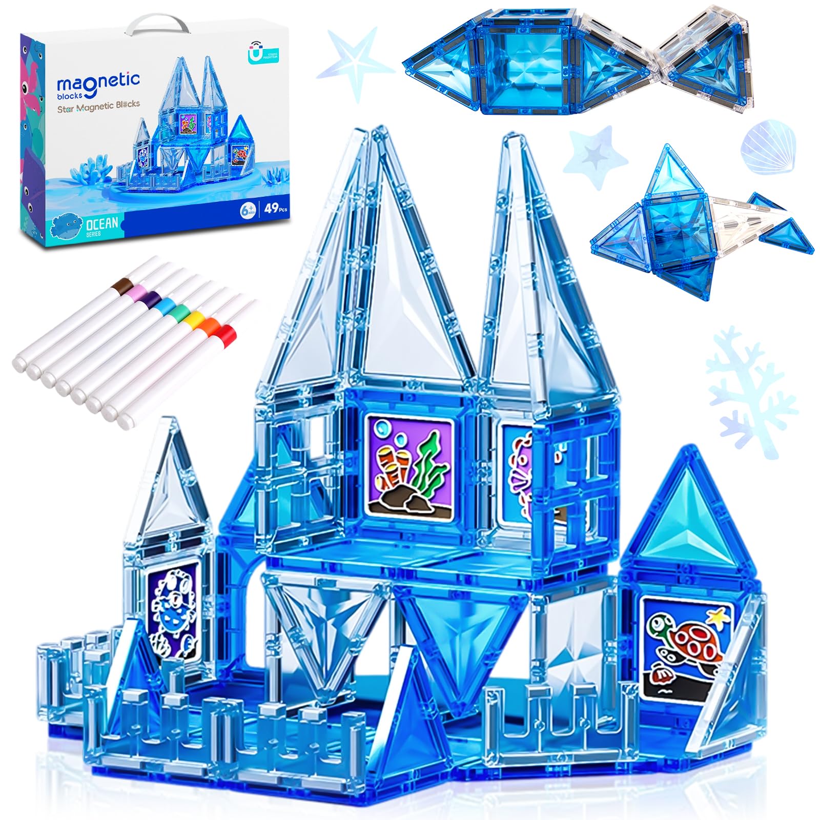 Riswistoy Magnetic Tiles Building Blocks Sensory Toys STEM Kids Games Magnet Building Toys for Boys and Girls Aged 3+ Preschool Kindergarten Toddler Toys for Kids Brain Development (49 PCS)