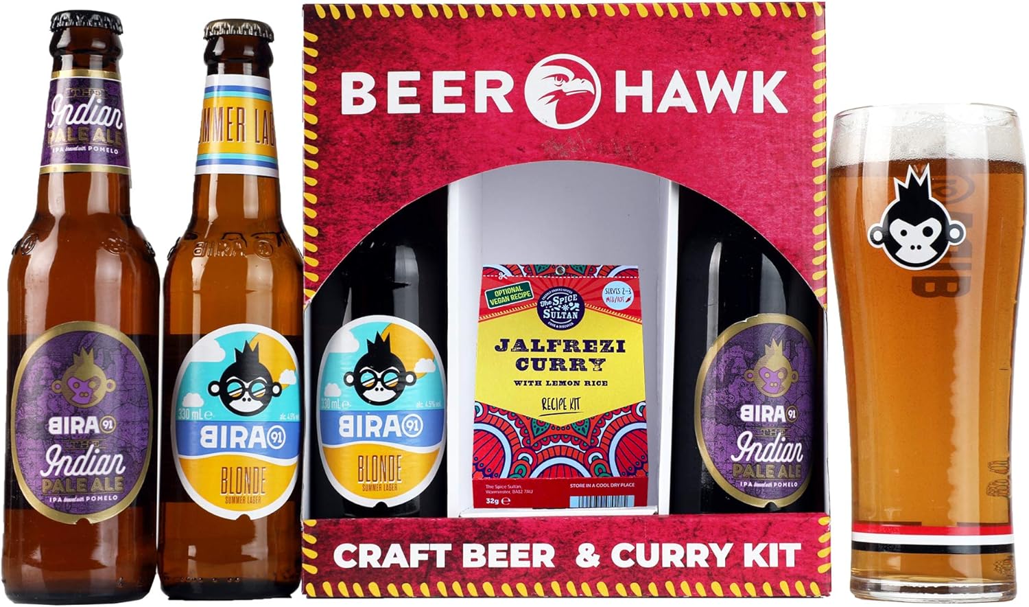 BEER HAWK Beer And Curry Gift Set 4 Craft Beers, 1 Pint Glass And 1