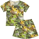 Glaphy Cute Frogs Green Summer Pajamas Sets 2 Piece Short Cotton Sleepwear