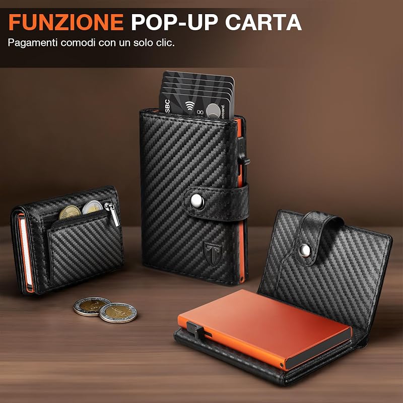 Portafoglio Uomo & Donna | Porta Carte di Credito 10 carte | Porta Tessere Uomo con Portamonete e Scomparti Banconote | Portacarte Uomo con RFID Protezione Anticlonazione - Regalo per Auto
